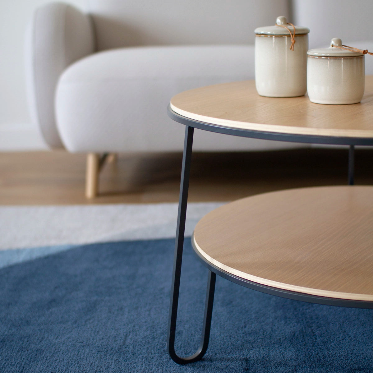 Eugénie coffee table 70cm, natural oak, matt slate grey metal