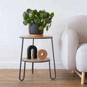 Anatole pedestal table, natural oak, matt slate grey metal