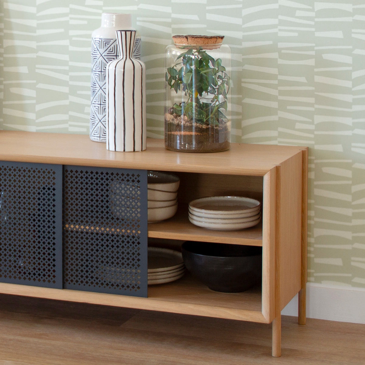 Gabin 162cm sideboard with drawers, natural oak, matt slate grey metal