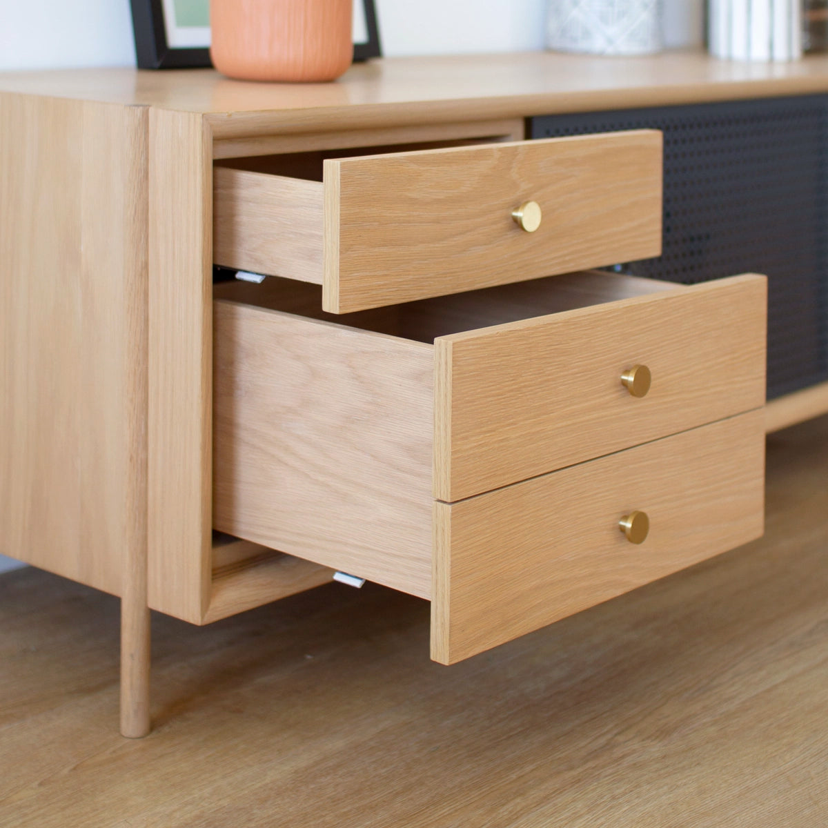 Gabin 162cm sideboard with drawers, natural oak, matt slate grey metal