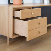 Gabin 162cm sideboard with drawers, natural oak, matt slate grey metal