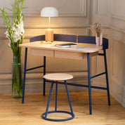 Victor desk, natural oak, matte blue metal
